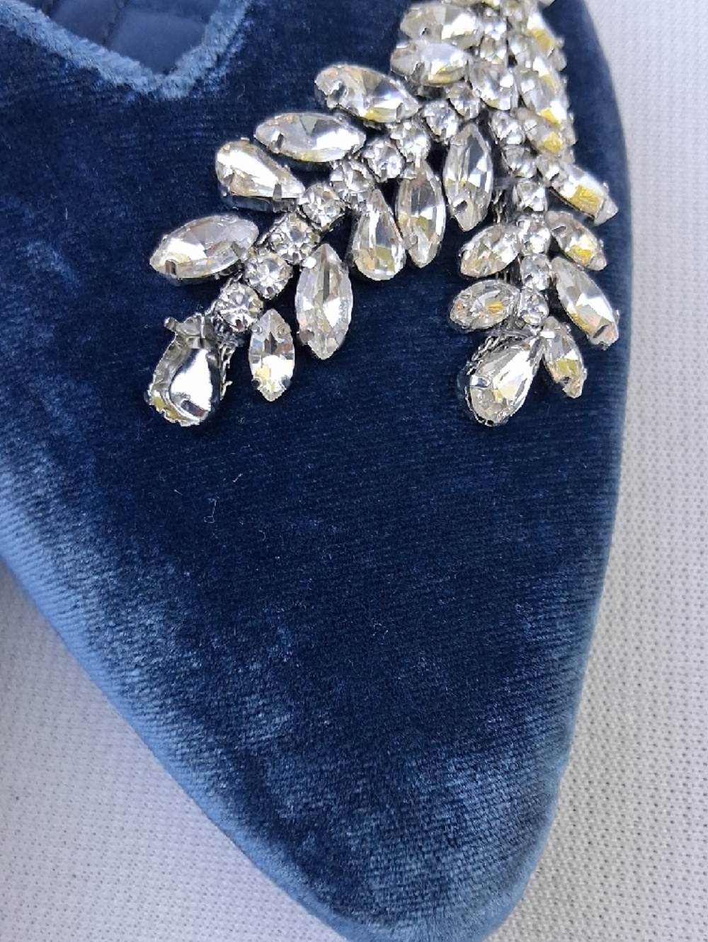 Birdies Deep Blue Velvet Crystal-Embellished Pointed Mules - Picture 12 of 16